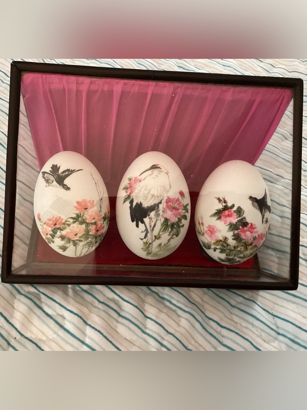Vintage Oriental Hand Painted Eggs (3)  In a Wood & Glass Case - IEC
